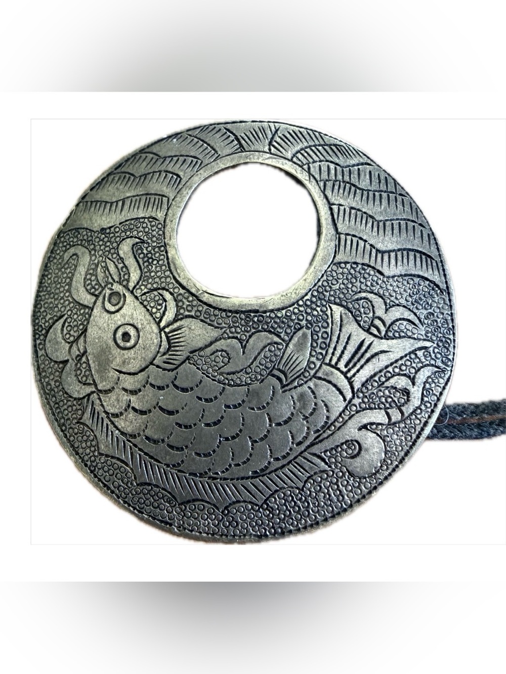 Round Carved Koi Fish Pendant Silver Necklace - Antique Vintage